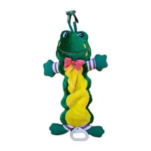 Vtg Kids II Plush Green Frog Crib Stroller Musical Pull Toy Pink Speckle Bow '94